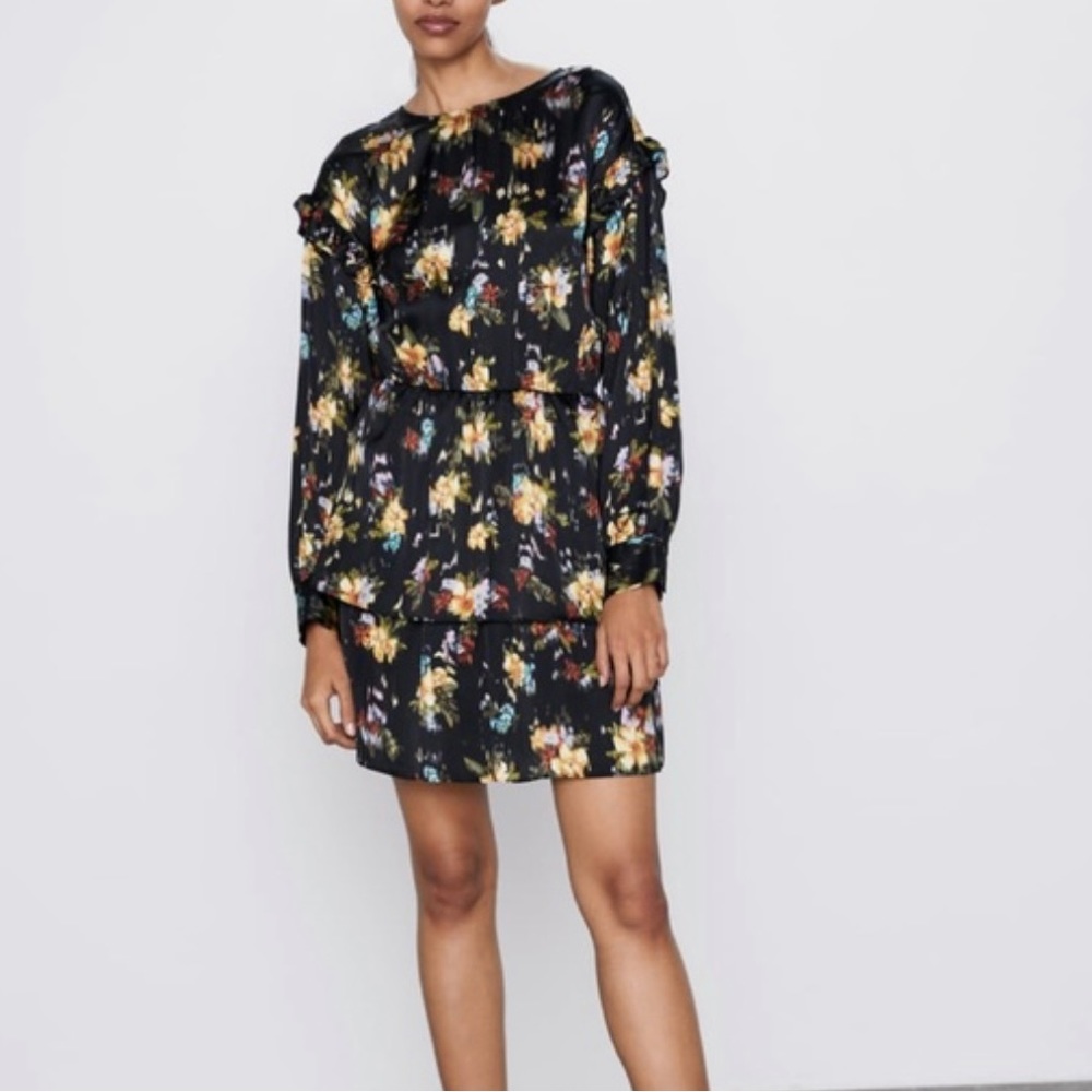 NWT Zara black boho fall flowy floral vacation whimsigoth mini dress Size XS